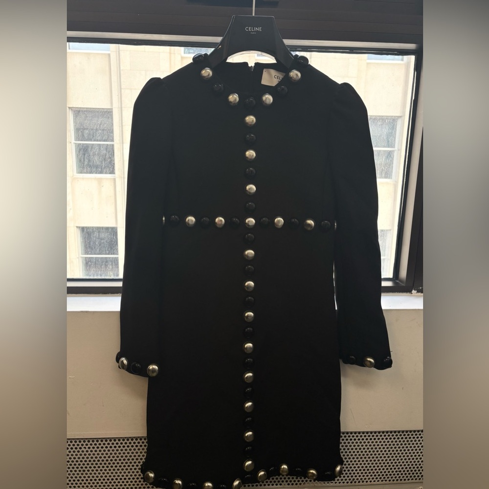 Celine Black Sheath Dress with Puff Sleeves and Peter Pan Collar